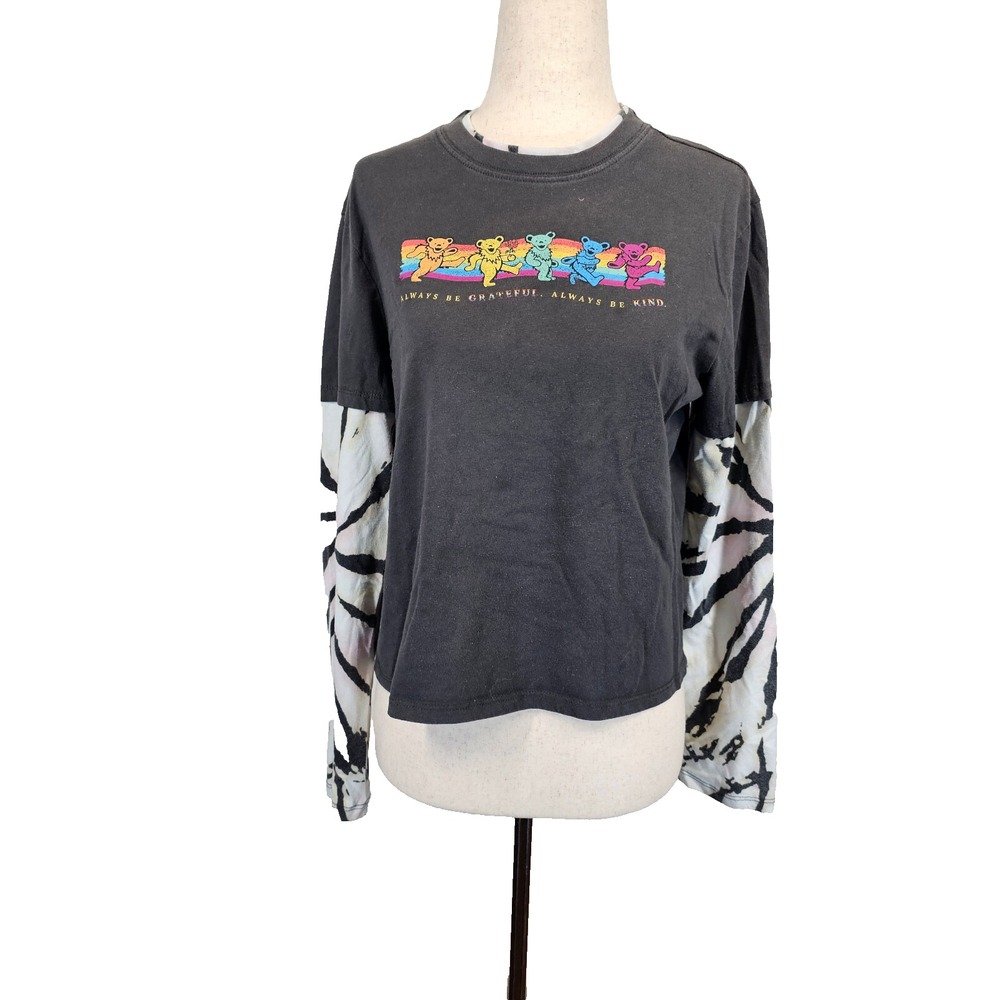 Grateful Dead T-Shirt Womens Medium Gray Tie Dye Layered Dancing Bears Crop‎ Top